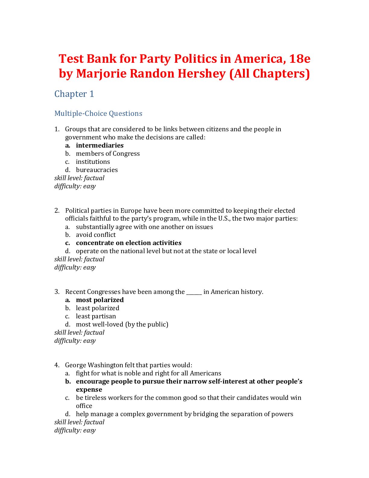 Recommended document preview for Party Politics in America, 18e by Marjorie Randon Hershey (Test Bank)